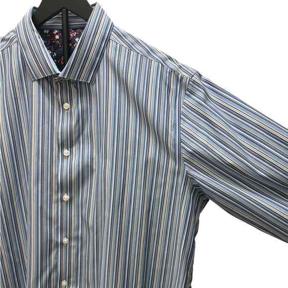 Egara Men’s Slim Fit Blue Tan White Striped Dress Shirt Floral Cuff/Neckline XL - Picture 5 of 10